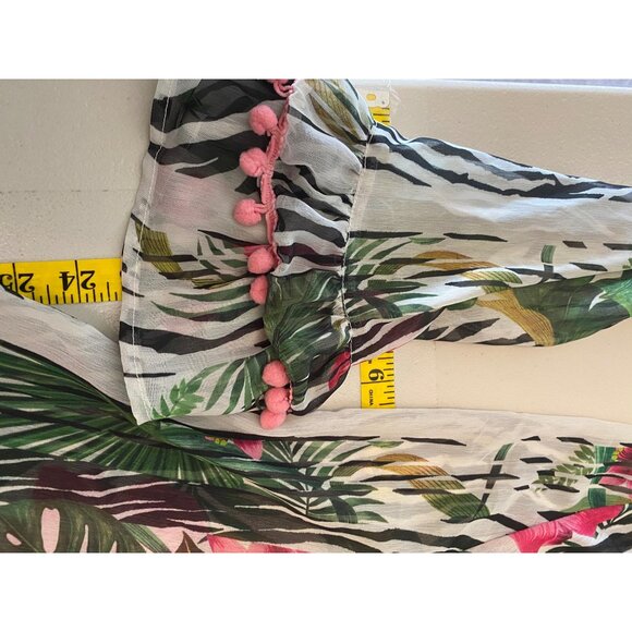 America & Beyond Tropical Zebra Print Kimono Cardigan With Pom Pom Trim Large - Picture 11 of 11